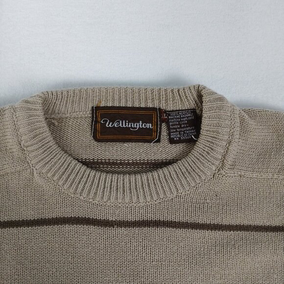 Vintage 90s Wellington Y2K Black Red Striped Tan Knit Crewneck Sweater - Picture 3 of 6